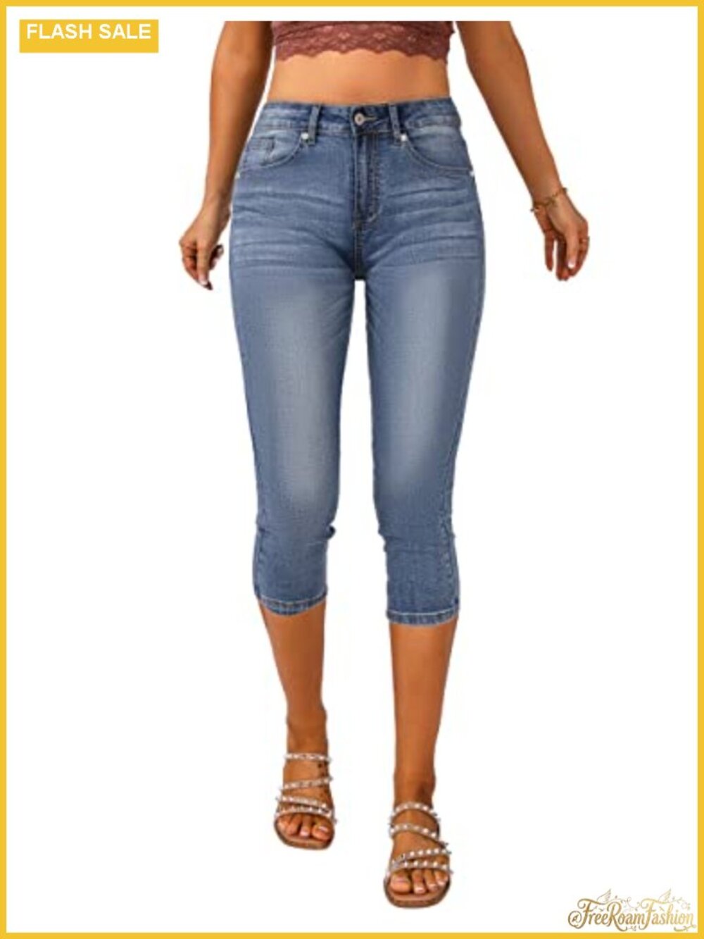 Vetinee High Waisted Ripped Skinny Slim Fit Stretch Denim Capri Jeans